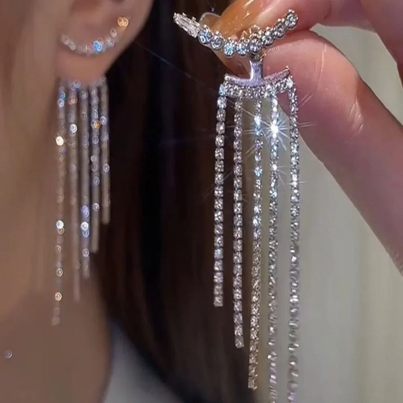 Silver Women's Wedding Long Tassel Rhinestone Earrings formal wedding - Picture 1 of 4